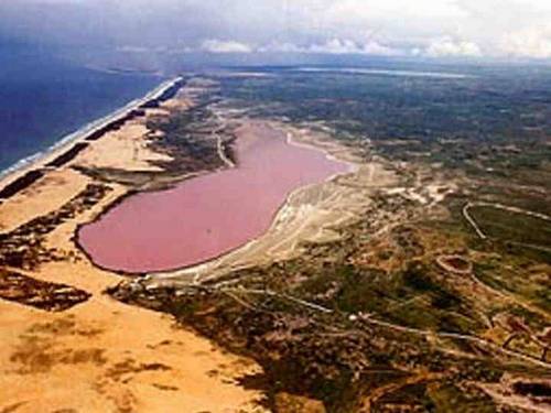 Розовое озеро в Сенегале - панорамный вид